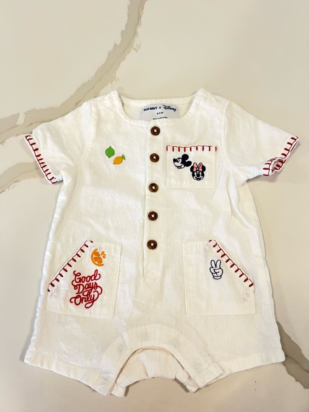 Old Navy × Disney Baby Linen Romper Mickey & Minnie Embroidered 0-3M